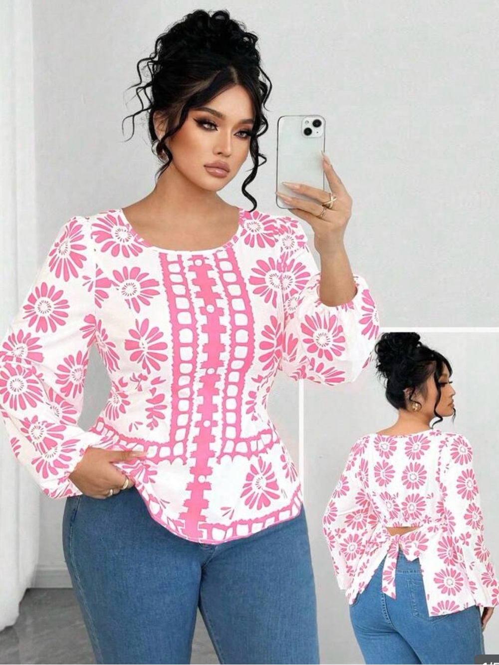 Women’s Pink Floral Tie-Back Blouse